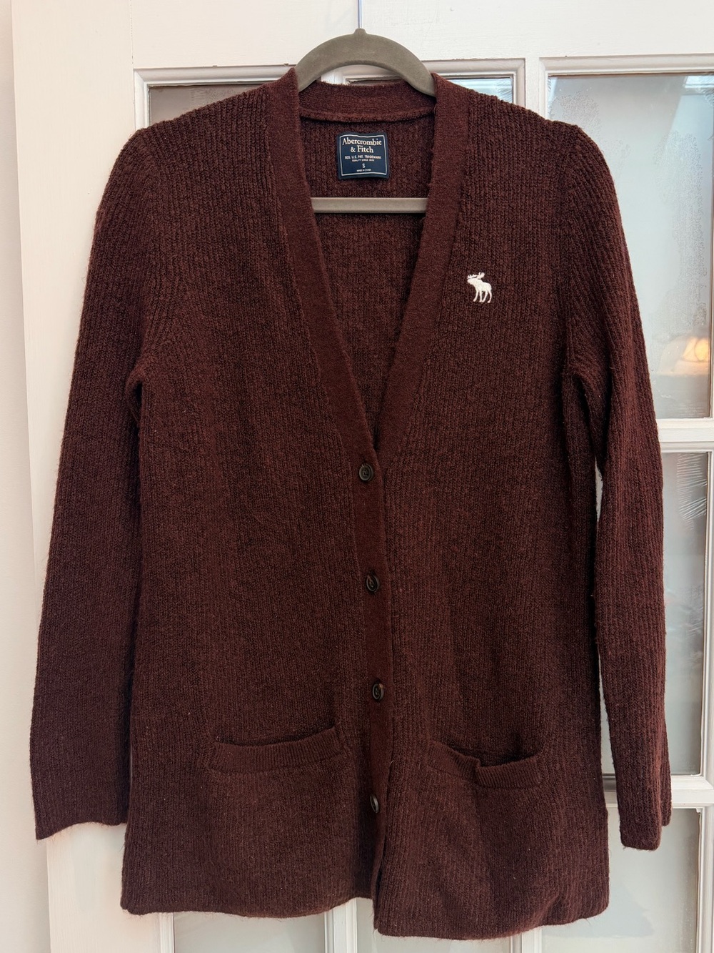Vintage Abercrombie & Fitch Y2K Maroon Brown Moose Logo Cardigan Sweater Size S